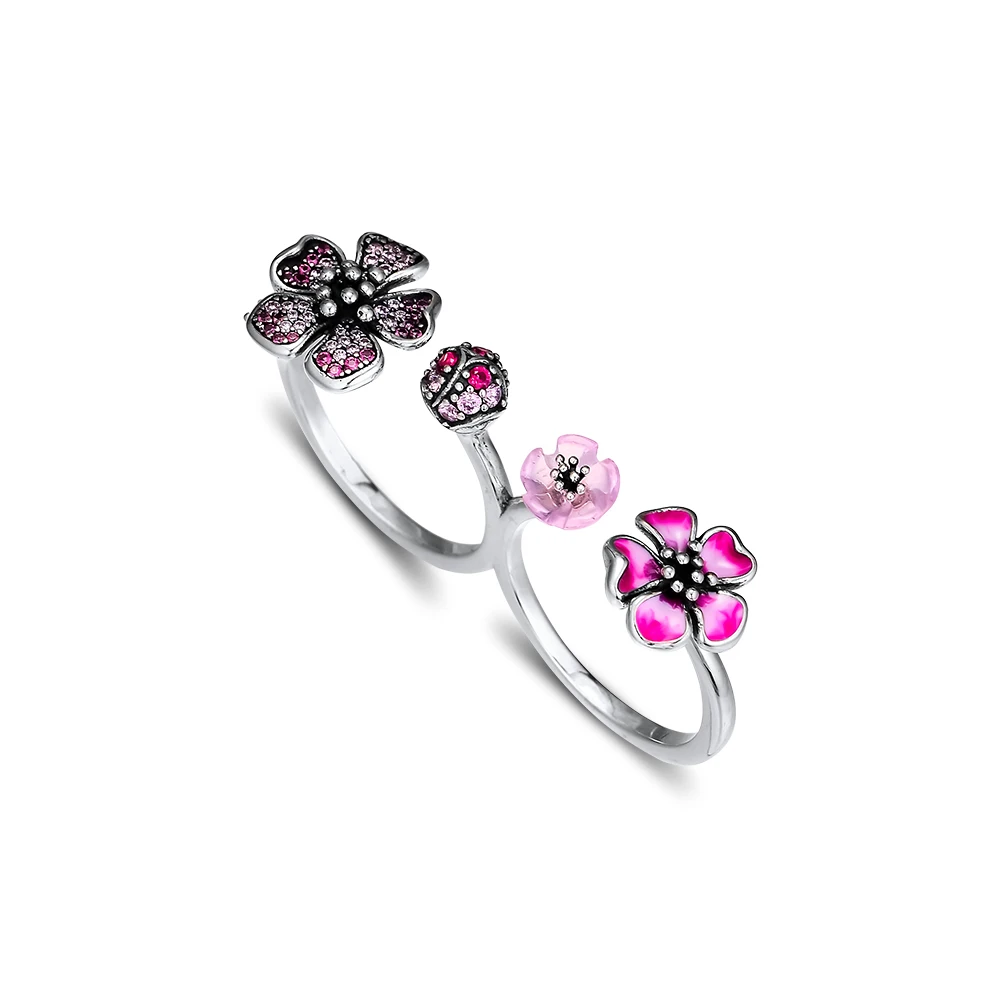 

Pandulaso Peach Blossom Flowers Ring 925 Sterling-Silver-Rings DIY Fashion Female European Jewelry Rings For Women Gift Rings