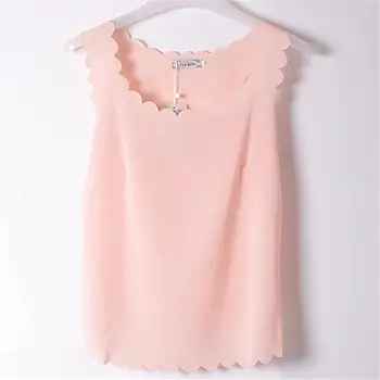 

Chiffon Tops Sleeveless Shirts Wavy Edge Low Round Neck Elegant Blouses Polyester Streetwear Plus Size Women's Clothing