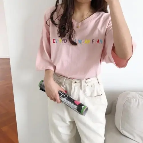 

Letter Embroidered Simple Basic All Match Fashion Loose Oversize 2019 Summer Spring Short Sleeve Fresh Female Women T-shirts