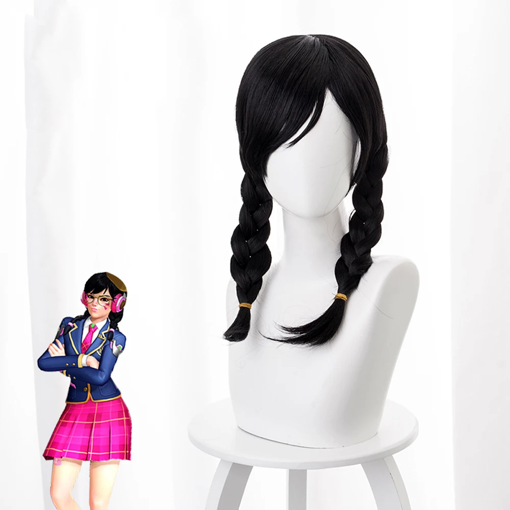 

2019 OW DVA D.Va Third Anniversary Academy Skin Cosplay Wigs with 2 Pigtail Black Heorine Party Hair Props Halloween + Wig Cap