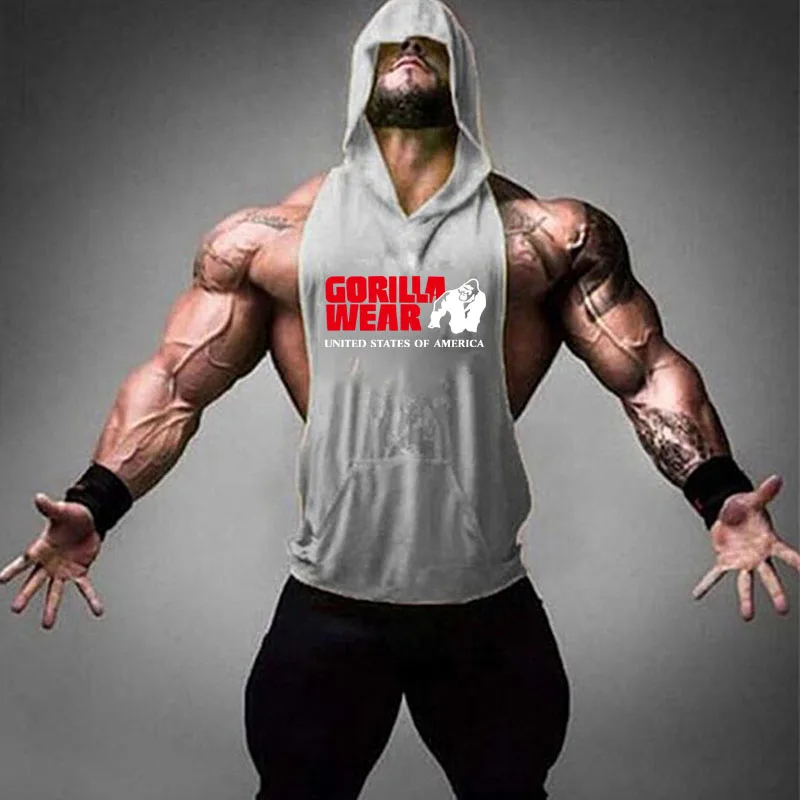

2019 New Men Bodybuilding Hoody shirt Cotton Tank top Gym Fitness Tanktops Gorilla Print Vest Male Workout Sportswear Stringers