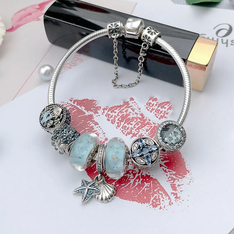 

Fits Jewelry Charm DIY Ladies Party Gift Sterling Silver 925 Pentagonal Star Beads Shell Starfish Bracelet Mint Green