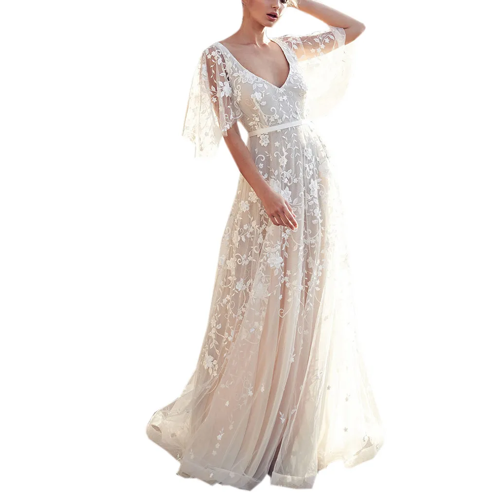 

SAGACE Summer Sexy Womens Dress V Neck Short Sleeve Lace Vintage Ladies sexy lace Dress Gown Evening Party Dress Sundress 2019