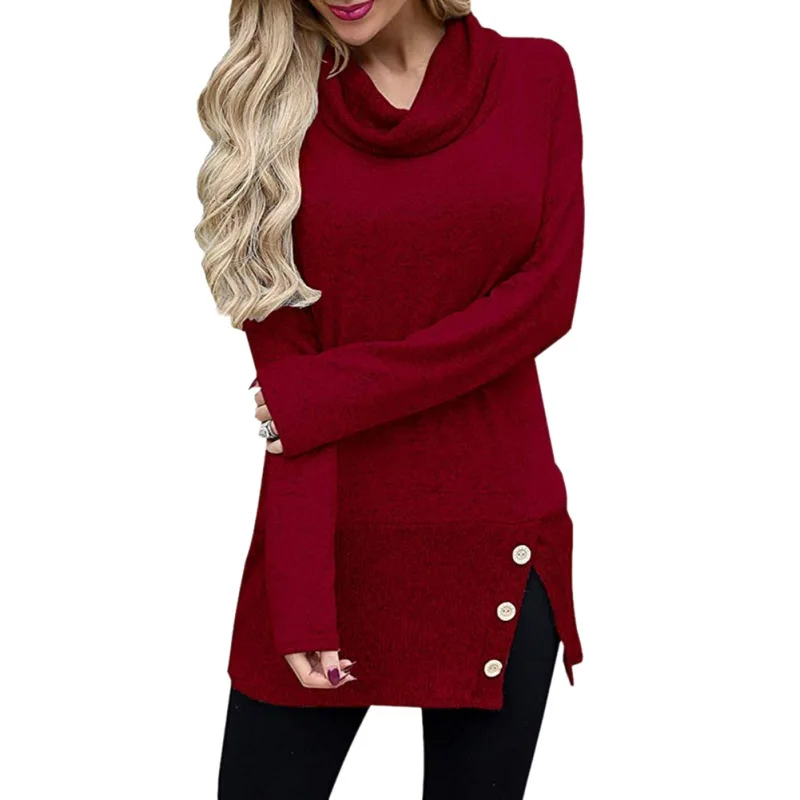 Осень Зима Повседневное водолазка с длинными рукавами Толстовка для женщин модные однотонные кнопки сбоку длинный пуловер пуловеры для