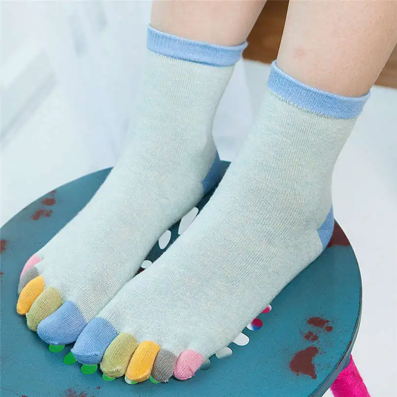 New Fashion Winter Women Girls Casual Daily Print Multicolor Mid Tube Toe Socks Five Finger Sock Cotton  Socks #4F03 (9)