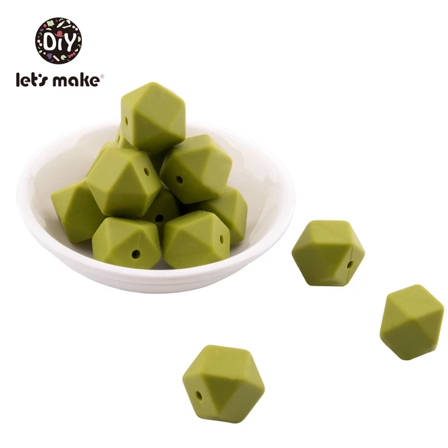 Let's Make Silicone Beads Hexagon Beads 14mm 10pc Food Grade Silicone Teether DIY Pacifier Clips Beads Necklace Baby Teether Green Bean