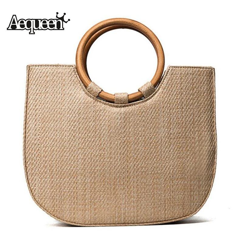 AEQUEEN Bohemian Summer Straw Bag Ladies Beach Handbag Ring Wooden Handle Casual Tote Women Top-handle Bag Knitting Woven Bolsa AEQUEEN Bohemian Summer Straw Bag Ladies Beach Handbag Ring Wooden Handle Casual Tote Women Top-handle Bag Knitting Woven Bolsa