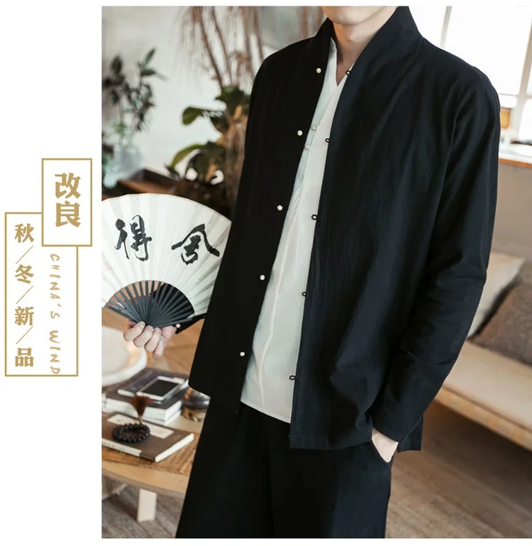 В китайском стиле Тан костюмы рубашка человек воротник-стойка Slim Fit Повседневная кунг-фу тай-чи рубашки льняная рубашка с длинным рукавом