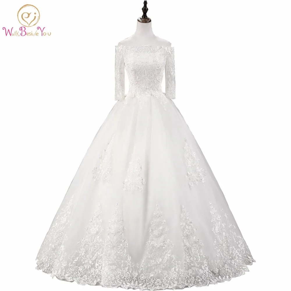 

Walk Beside You White / Ivory Ball Gown Wedding Dresses Off Shoulder 3/4 Sleeves Floor Length Long Bridal Gowns Stock vestido de