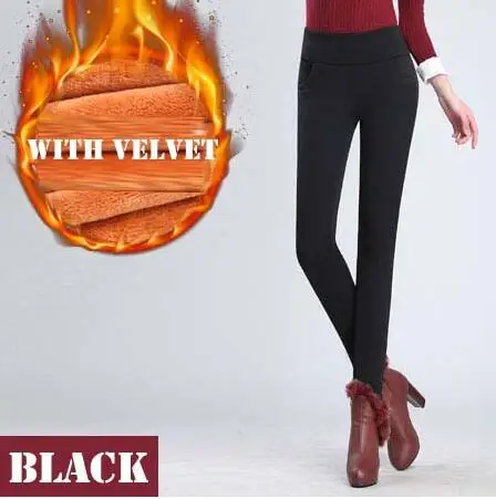 Золотые флисовые утолщенные теплые штаны с высокой талией, зимние штаны, женские штаны, брюки, S-6Xl, тонкие, размера плюс, узкие брюки - Цвет: Black with Velvet