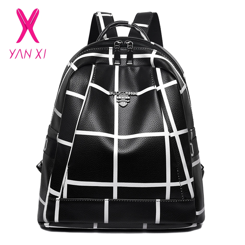 

YANXI Fashion Lattice Women Backpack High Quality Leather Youth Backpacks for Teenage Girls Female School Shoulder Bag