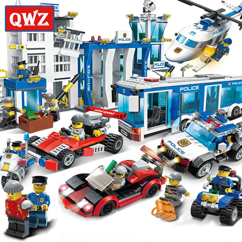 

QWZ City Police Building Blocks Compatible Legoings City Helicopter Figures Bricks Assembled Toys Educational Children Gifts