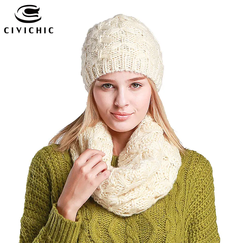 

CIVICHIC Hot Fashion Thicken Hat Scarf Set Twist Knitting Pure Color Warm Head Wear Neck Warmer for Spring Autumn Winter SH102