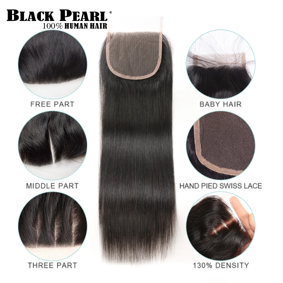 Black Pearl Pre-Colored 3 Bundles with Closure Straight Human Hair Bundles with Closure Brazilian Hair Weave Bundles 9A-Remy