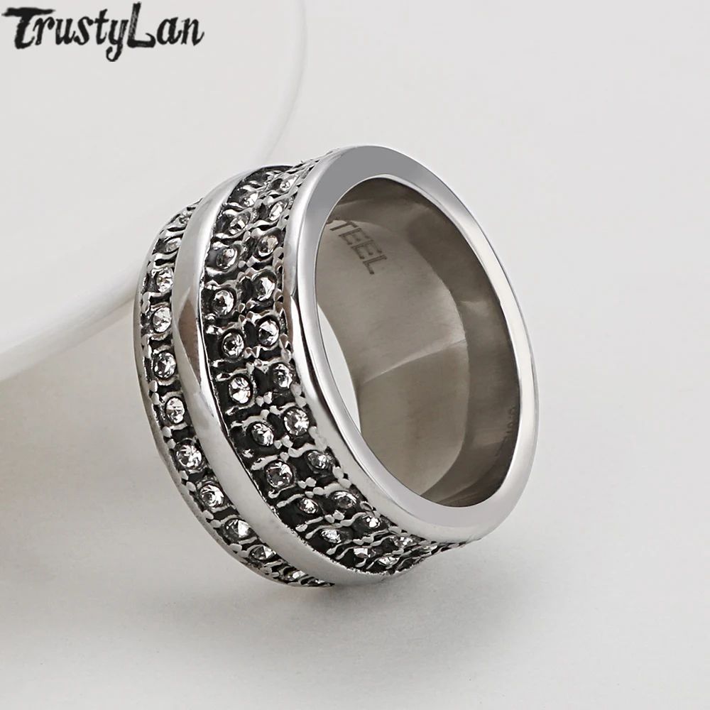 

11MM Wide Silver Color Polished Stainless Steel Rings For Men Women Male Ladies Jewelry Accessories Three Rows Of CZ Ring Band