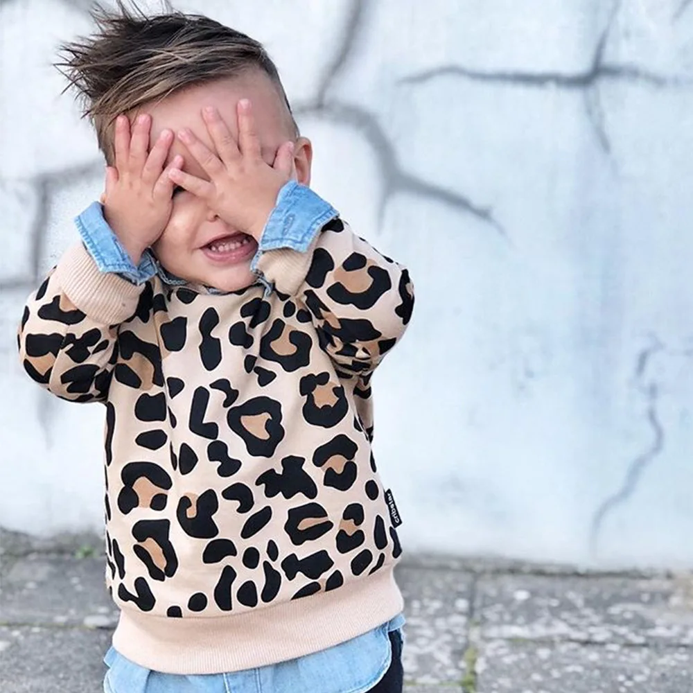 Новая Осенняя брендовая толстовка теплая детская одежда леопардовая майка с длинными рукавами свитера для маленьких девочек От 1 до 7 лет Одежда для мальчиков