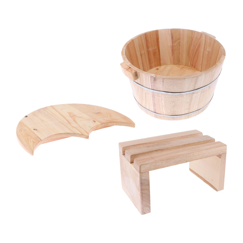 Wood Foot Basin Tub Foot Soaking Bucket with Lid & Stool for Foot Bath Spa