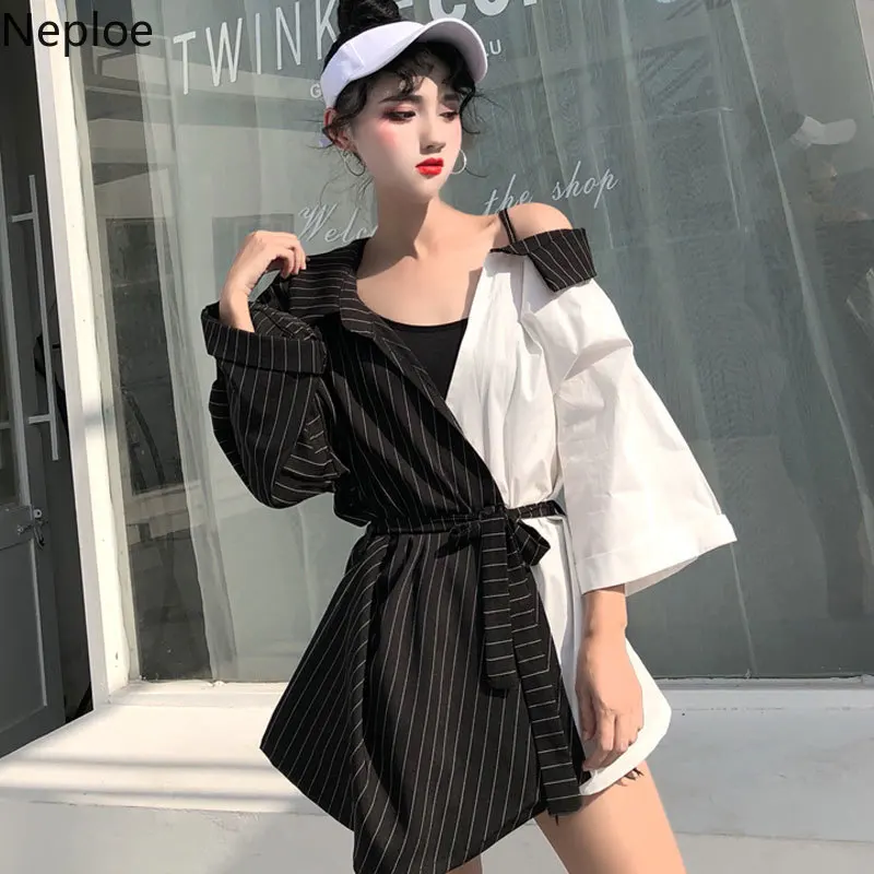 

Neploe Women Shirt Stripe Patch Strapless Blouse Contrast Color Medium-long Shirts 3/4 Sleeve Lace-up Slim Waist Blusas 52304