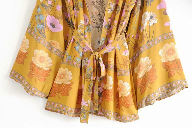 Vintage chic women floral print sashes bat sleeve beach Bohemian kimono dresses Ladies V neck Tassel Summer Boho dress vestidos