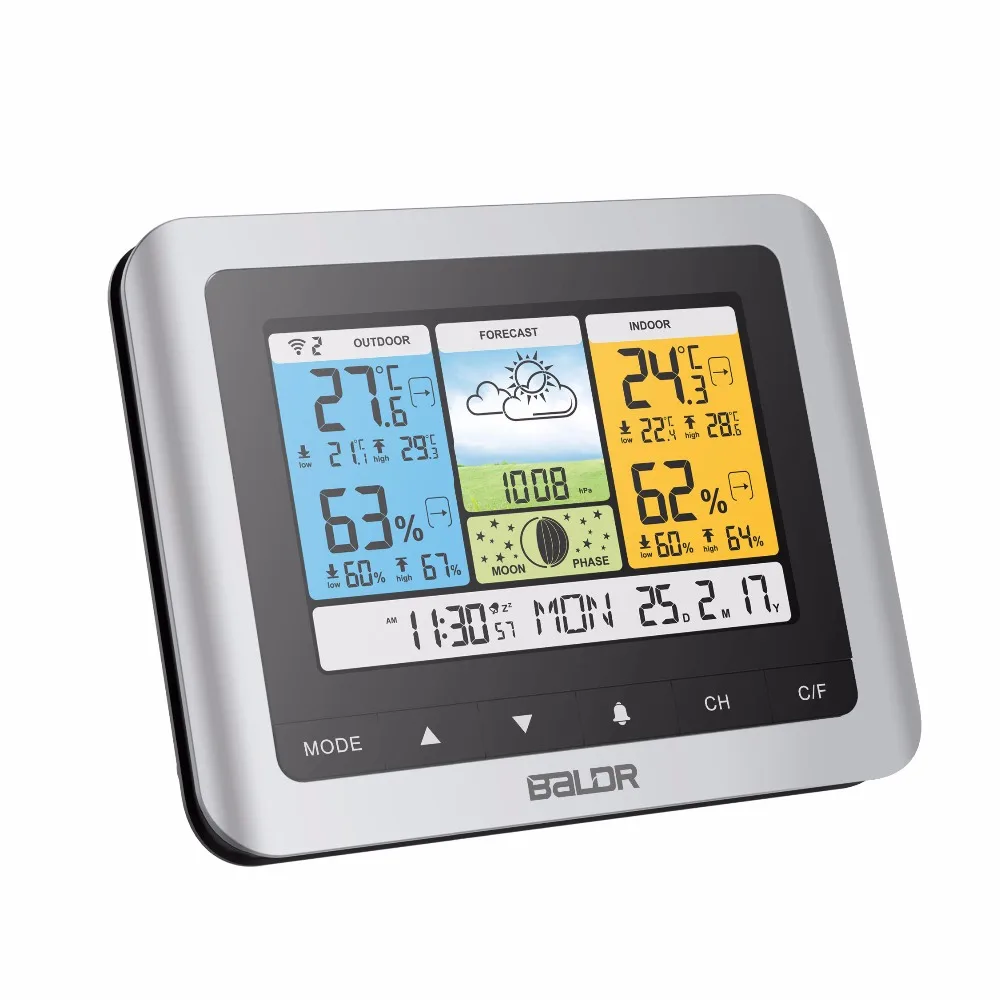 Goedkoop Baldr Digitale Weerstation Draadloze EU PLUG Kleur Weerbericht In Outdoor Temperatuursensor Wekker Barometer Thermometer