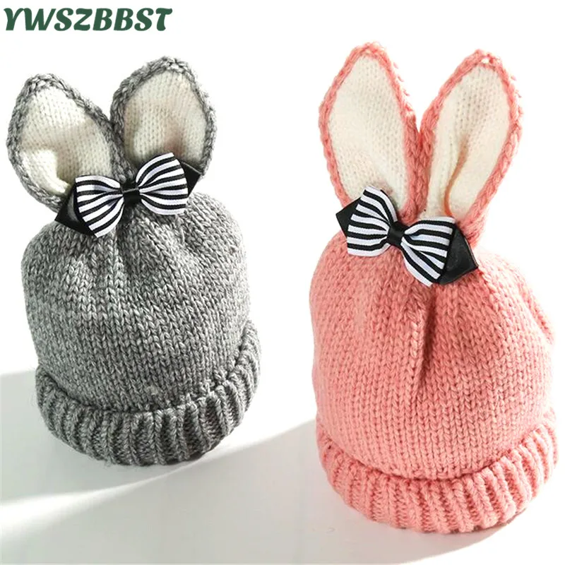 

Autumn Winter Children Hat with Bowknot Cute Girls Hat With Bunny Ears Warm Velvet Baby Hat Knitted Kids Cap Girls Beanies Cap