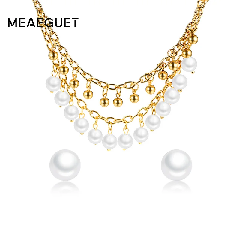 

Meaeguet 8mm Round Simulated Pearls Chain Jewelry Set For Women Stainless Steel Earrings Chain Beads Necklace Party Jewelry Set