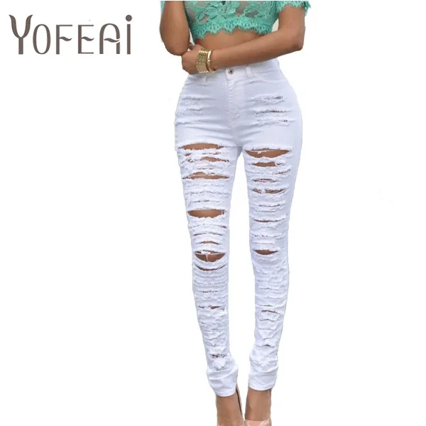 YOFEAI Denim Women 2017 High Waist Ripped Jeans for Women Skinny Black White Hole Jeans Woman
