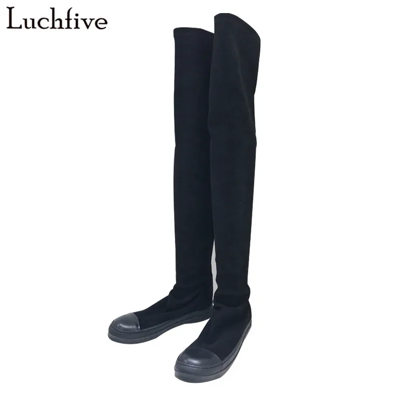

Luchfive Flat Slip-On Black Sock Boots For Women Nubuck Leather Academic Style Round Toe Over The Knee Boots Bota Feminina 2019