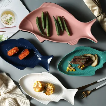 

Irregular Fish Shape Ceramic Plate Rectangle Solid Glaze Steaming Fish Tray Porcelain Dinner Plate Household Serving Platter