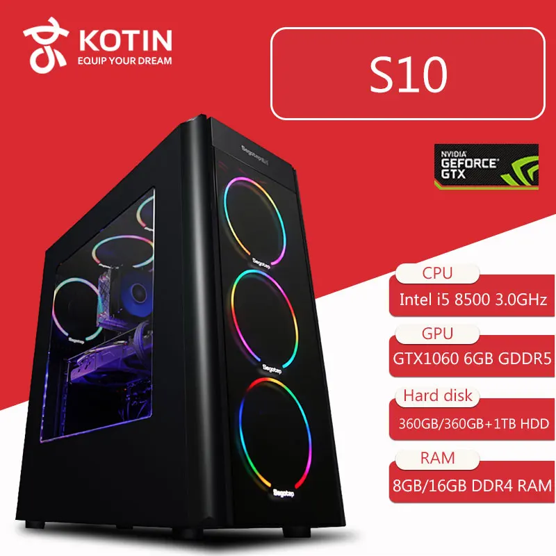  KOTIN S10 Desktop PC Gaming Computer Intel I5 8500 GTX 1060 6GB Video Card 360GB SSD 8GB/16GB RAM 6