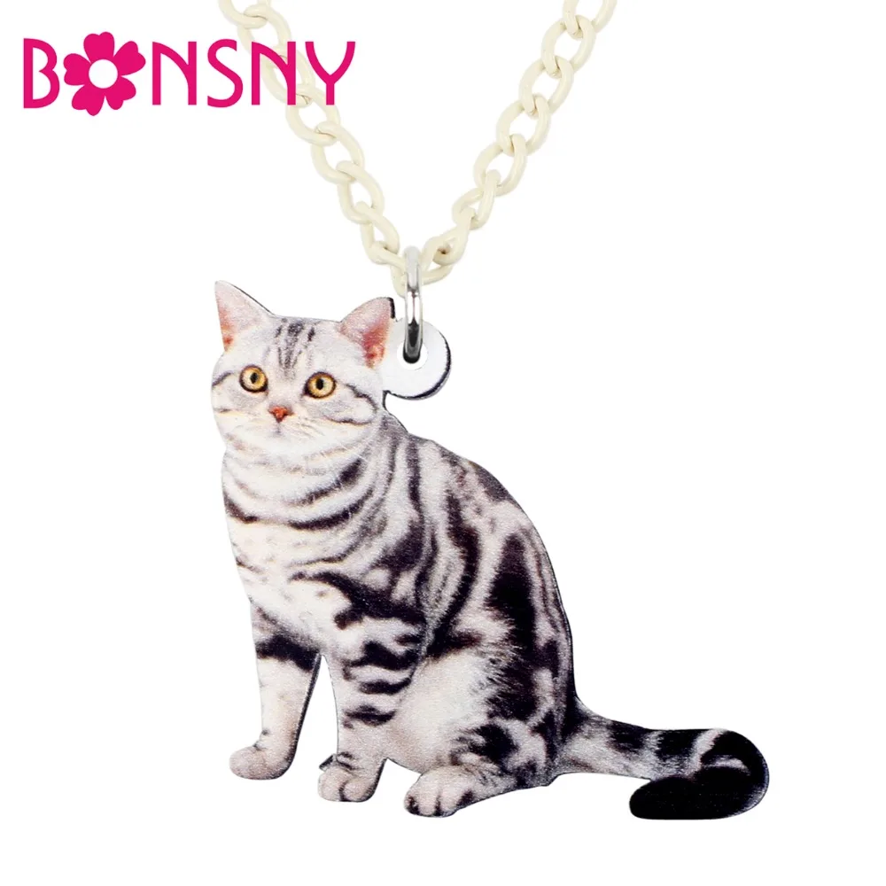 Bonsny Acrylic Anime American Shorthair Cat Necklace Pendant Chain