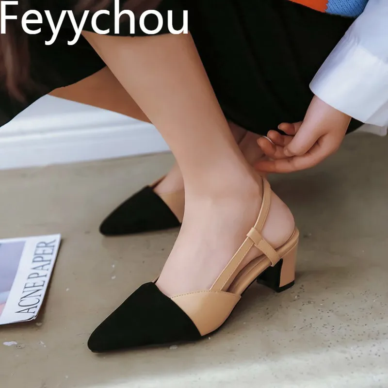 

Women Sandals High Heels Pu Thick Heel Pointed Toe Patchwork 2019 New Sexy Fashion Spring Summer Party Wedding Big Size 34-48