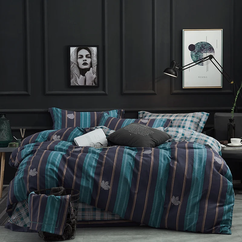 

Black blue stripe Bedding Set Quen King Size Flat Sheet Pillow Cases cotton Duvet Cover Quilt Cover Bed Cover