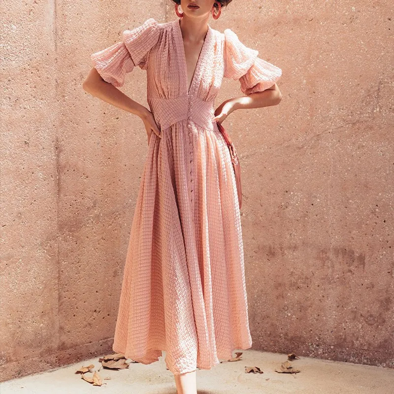 Mode 2019 Zomer Vrouwen Hoge Taille Maxi Jurk Lantaarn Mouw Deek V-hals Chiffon Jurk Button Ruches Midi Jurken Mode 2019 Zomer Vrouwen Hoge Taille Maxi Jurk Lantaarn Mouw Deek V-hals Chiffon Jurk Button Ruches Midi Jurken