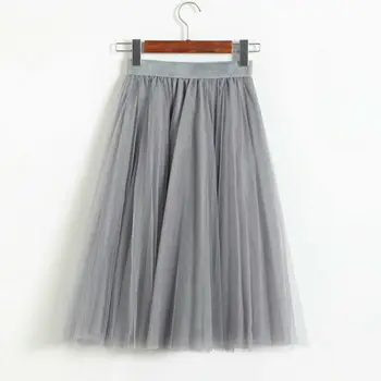 9 Styles Women's Tulle Plain Pleated Skirt 2019 New Fashion Mesh Midi Skirt High Waist Woman Skirts 3 Layers 8