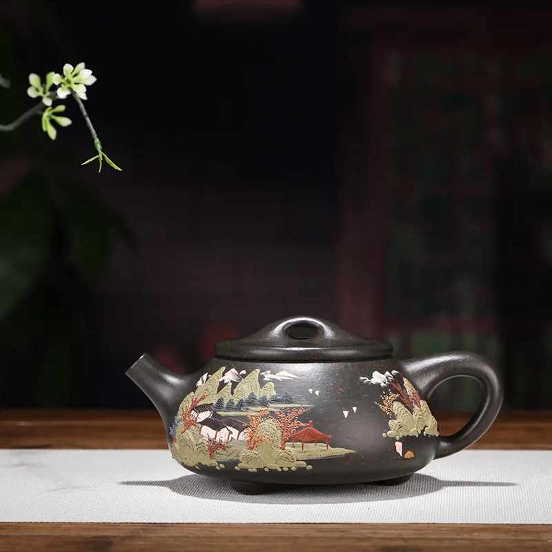 Yixing Enameled Pottery Teapot Full Manual Raw Ore Green Mud-painted Stone Ladle Sell Well Famous Kungfu Online Teapot Tea Set