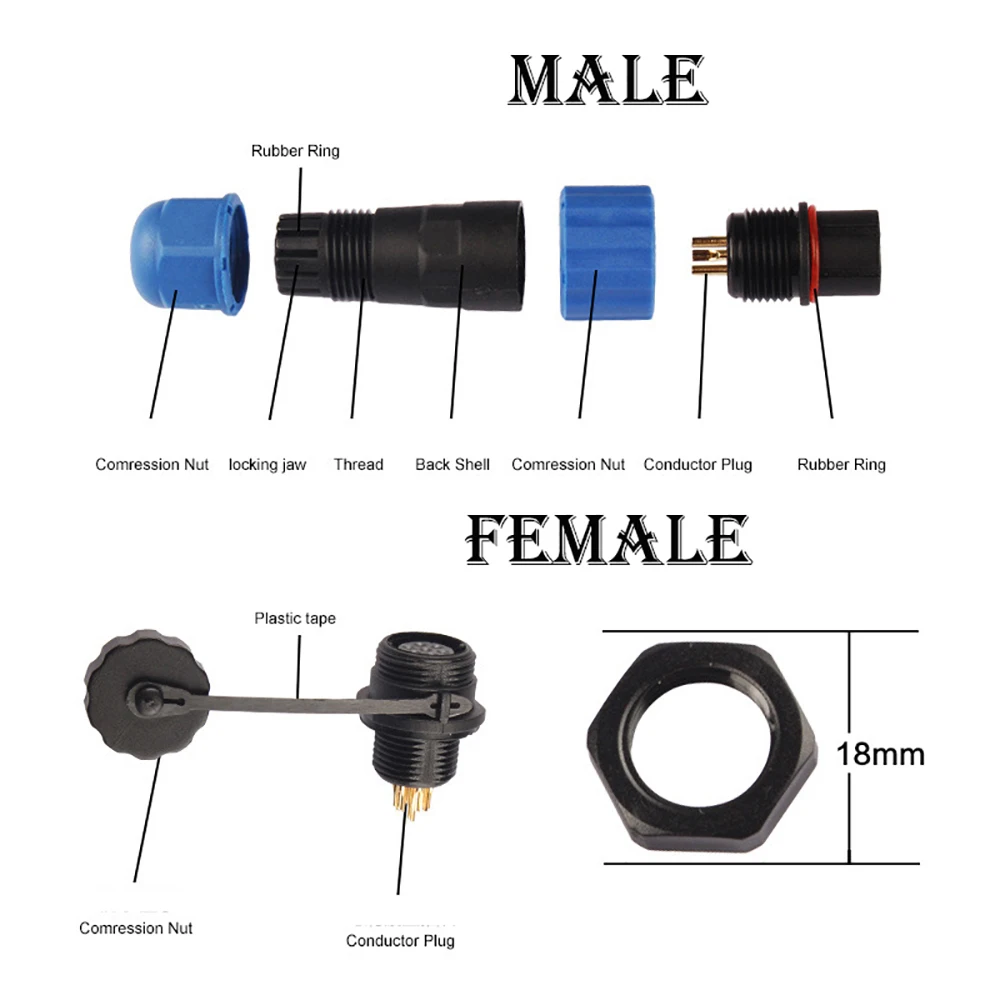 Waterproof Connector SP13 Type IP68 Cable Connector Plug& Socket Male And Female 1 2 3 4 5 6 7 Pin SD13 13mm Straight Back Nut