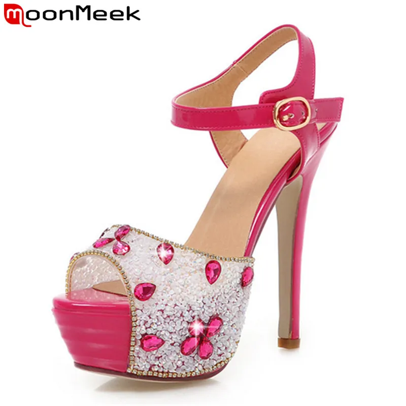 

MoonMeek high quality rhinestone wedding shoes white gold summer platform sandals stiletto high heels peep toe ladies pumps