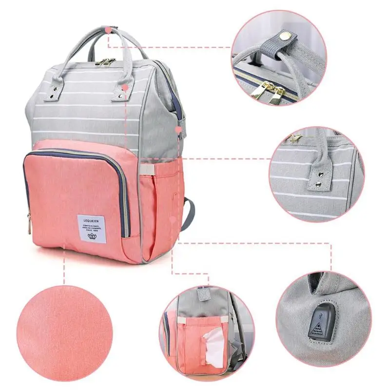 LEQUEEN в полоску Водонепроницаемый Мягкий подгузник сумки большой емкости USB порт для беременных кормящих ребенка сумка для мамы рюкзак для