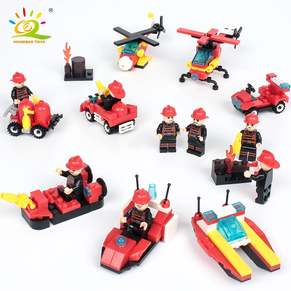 376pcs 8in1 Fire fighting Building model kit Legoings city truck Firefighter Helicopter Educational Bricks children Toys