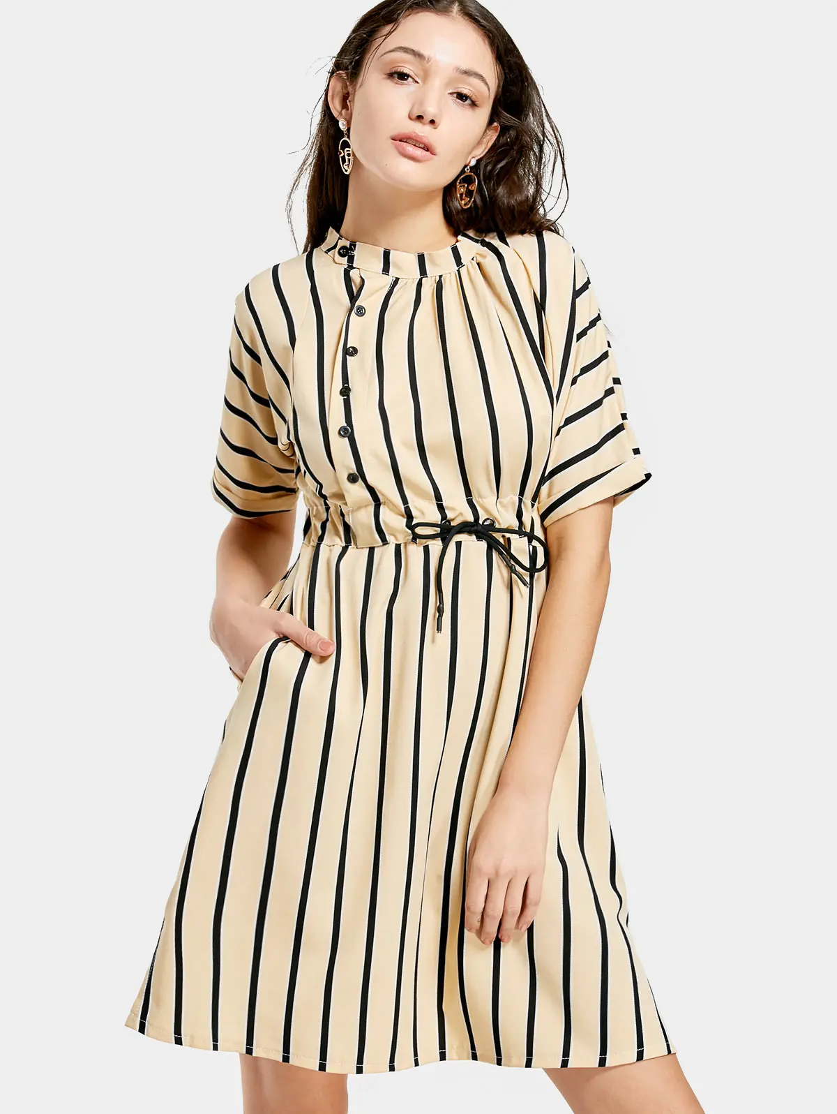 ZAFUL Half Sleeve Striped Drawstring Dress | Женская одежда