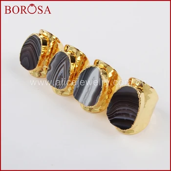 

BOROSA Stylish Gold Color Natural Onyx Agates Druzy Stone Open Band Ring Natural Gems Rings for Women Jewelry Party Rings G1389
