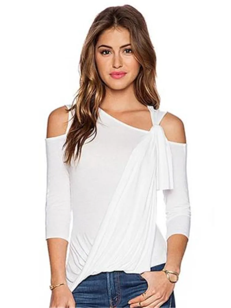 High Quality Women Chic T shirt lace Up Shoulder Summer Fashion Women