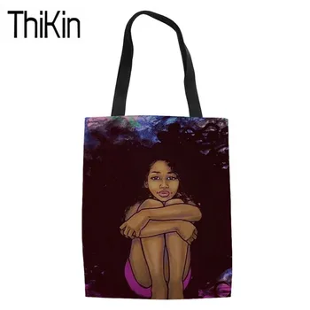 

THIKIN Black Art African Girl Printing Canvas Tote Bags Women Foldable Shopping Bags for Recycle Ladies Shoulder Shopper Storage