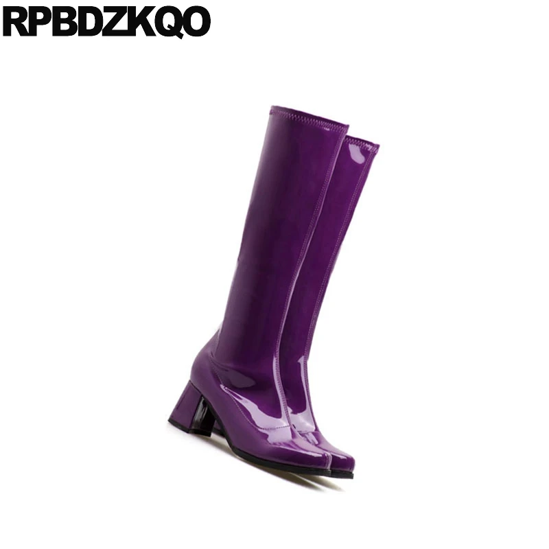 Herbst Frauen purpurrot Stiefel Kalb Wasserdichte Lila blau Patent Runde Leder Heel Knie Winter Fell Lange Chunky Trend Kappe Schuhe Breite High Schwarzes Damen Zf6pBZqr