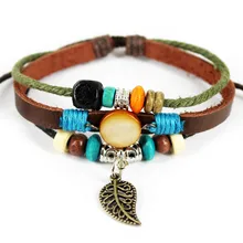 Handmade Weave Multilayers Leather Leaf Adjustable Wooden Beads Men Bracelets Jewelry For Women B23