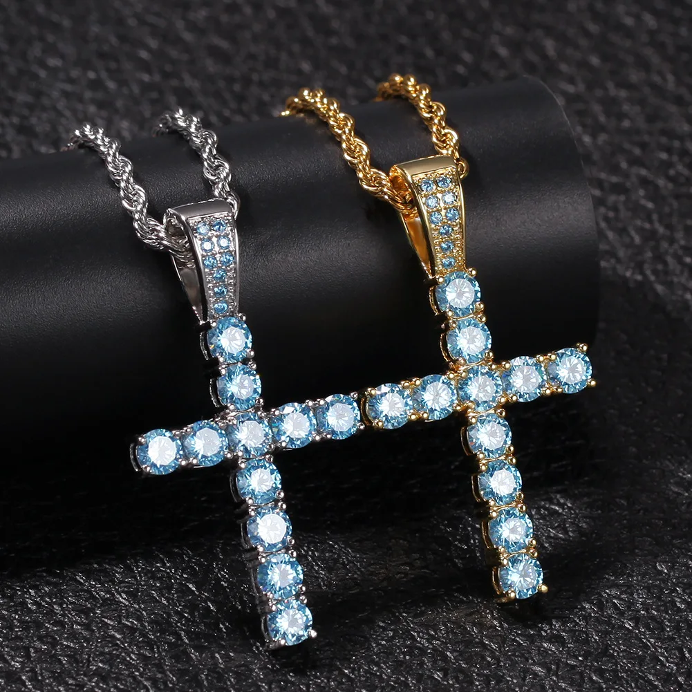 

Hip Hop Men's Blue Cross Pendant Necklace Blue Glass Electroplating Men's Hip Hop Necklace Pendant Accessories
