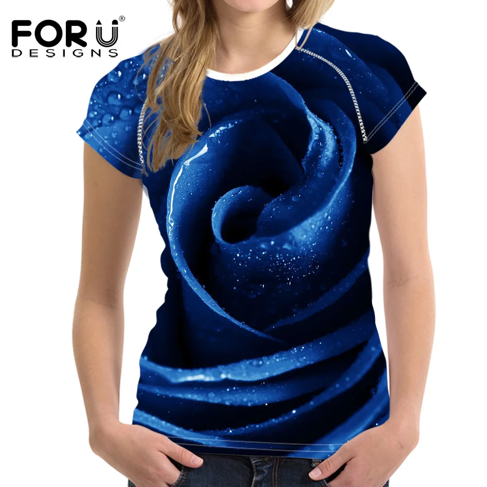 FORUDESIGNS Newest 3D Royal Blue Rose T shirts Women Summer Tops Tees
