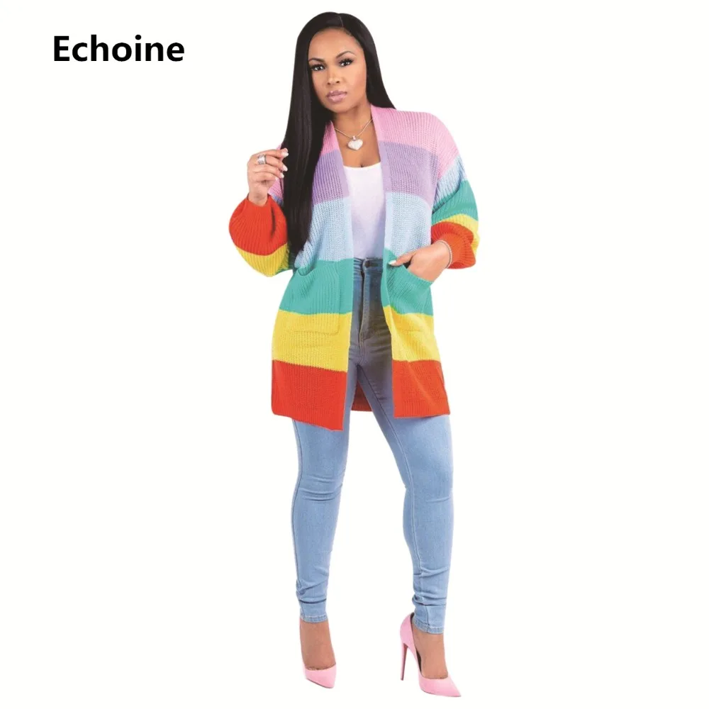 

Women Plus Size Knitted Sweaters Rainbow Striped Sweaters Female Long Cardigans Oversize Knitted Outwear Sweater Coat Winter
