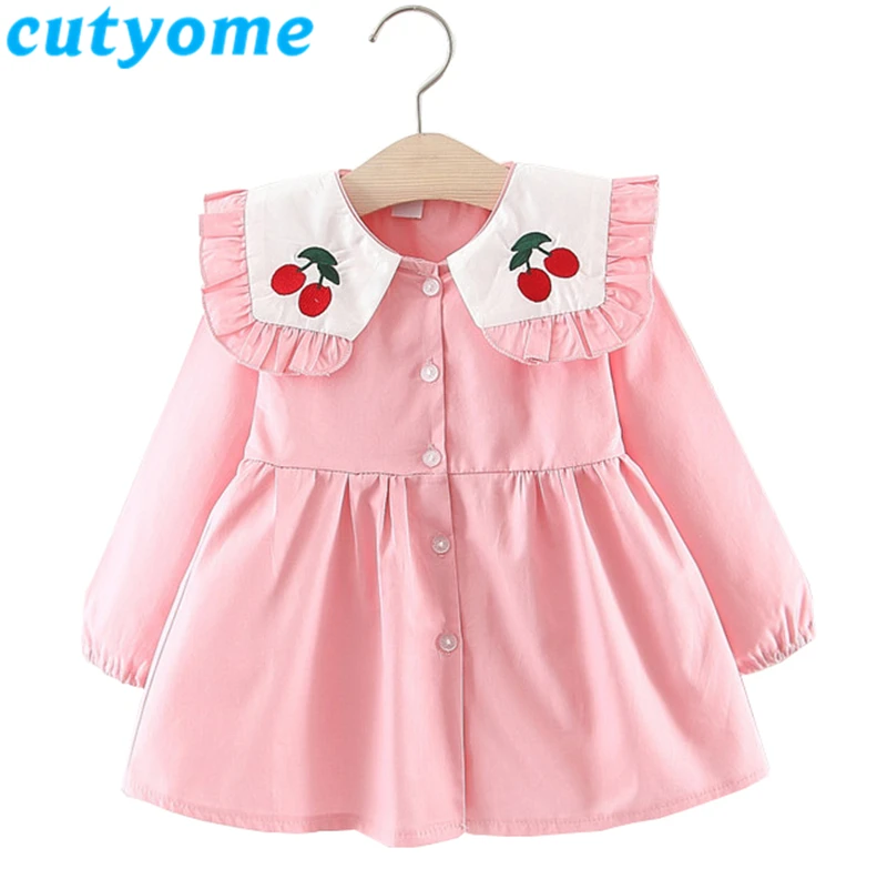 

Long Sleeve Kids Dresses For Girls Cute Embroidery Cherry Solid Baby Girls Princess 1 3 Years Birthday Party Dress Child Clothes